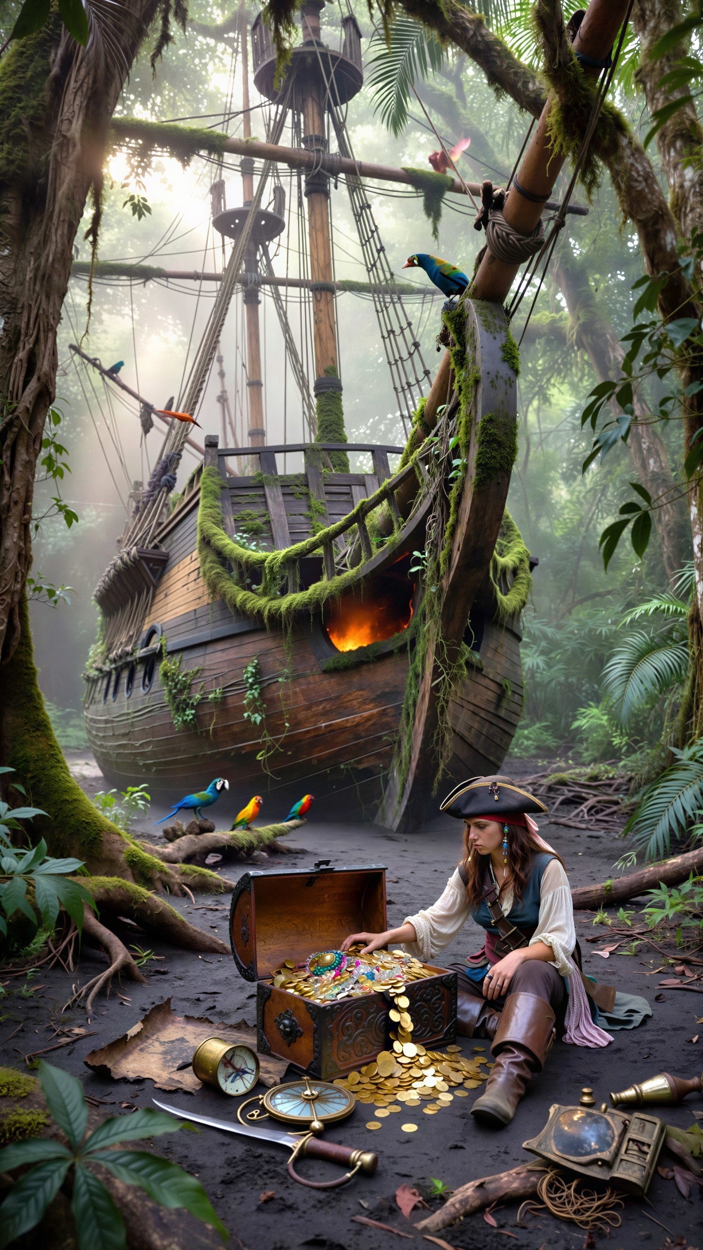 Female Pirate with Treasure Chest in Jungle Setting