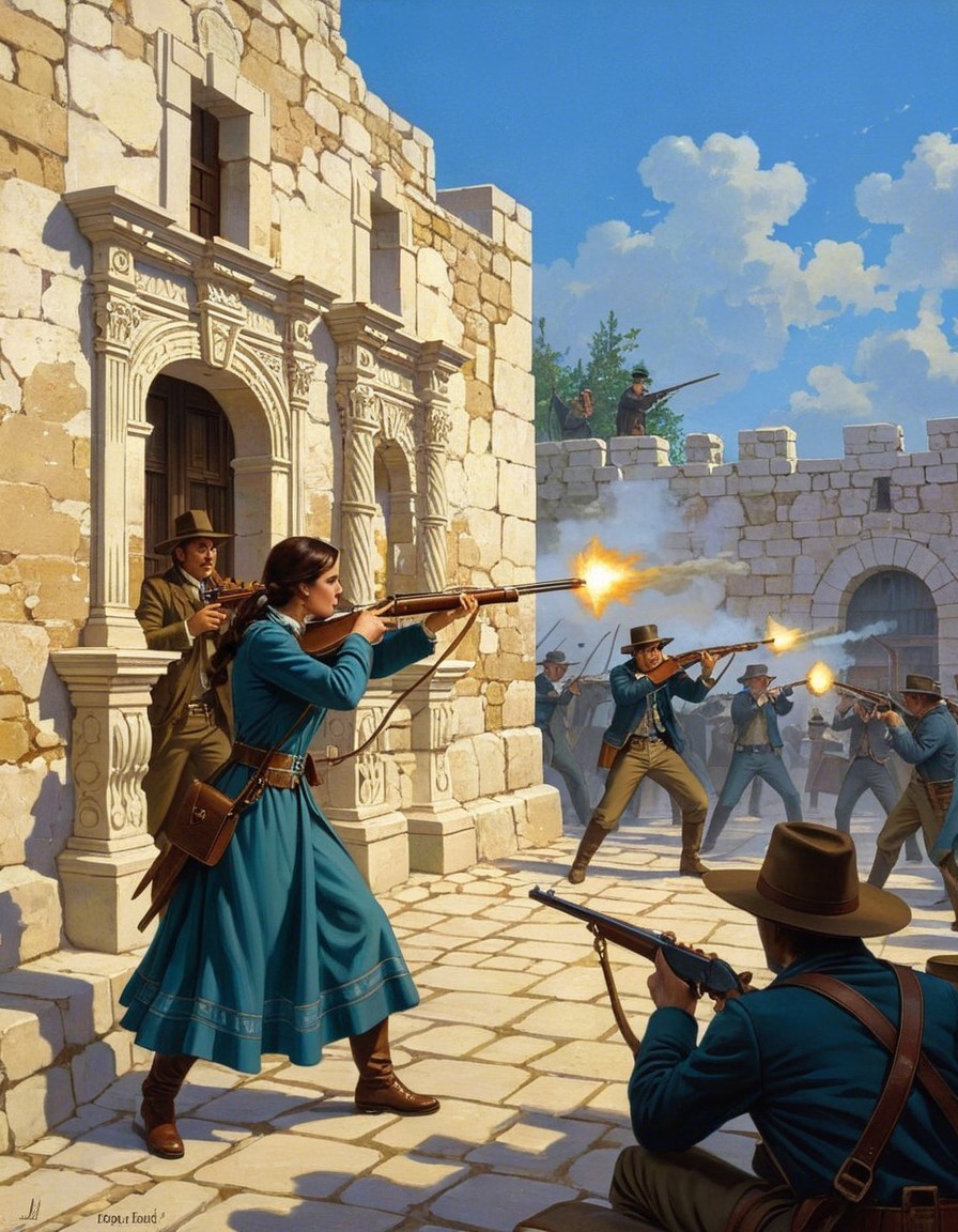 Gunfight at a historic stone fort with period clothing