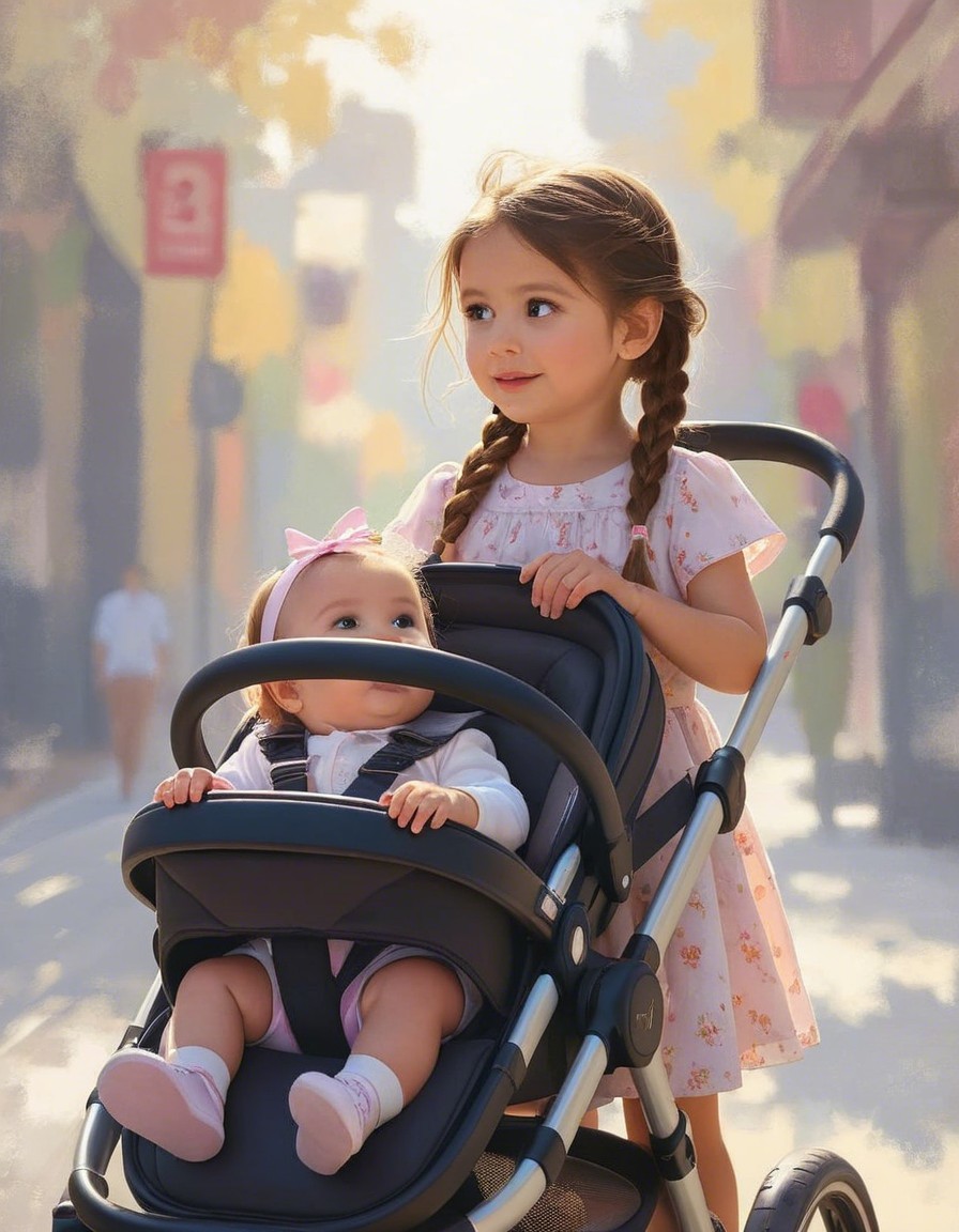 Young girl with stroller in cheerful urban setting