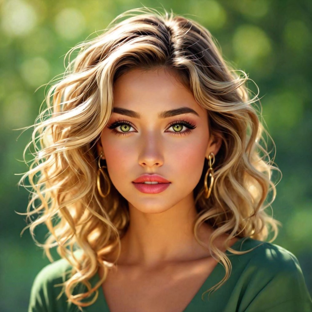 Young woman with curly blonde hair and green eyes