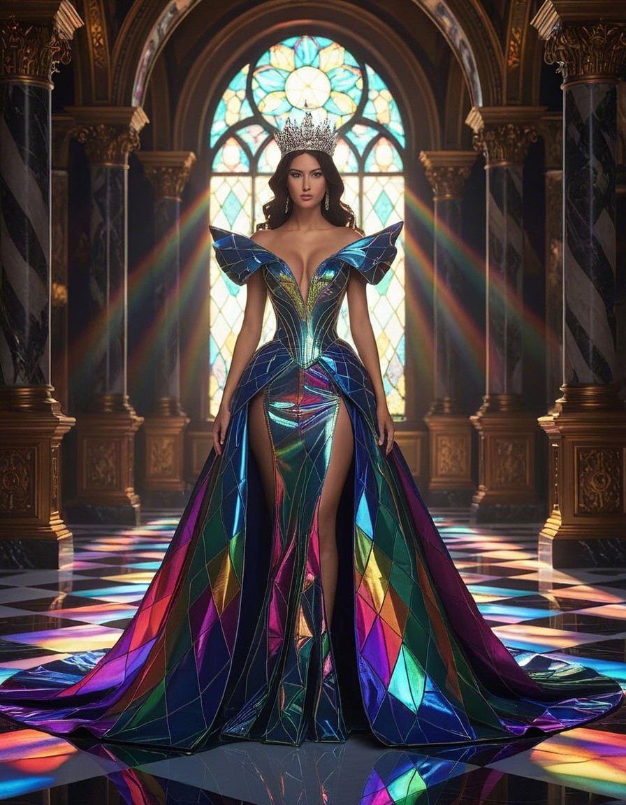 Elegant figure in multi-colored gown in grand space
