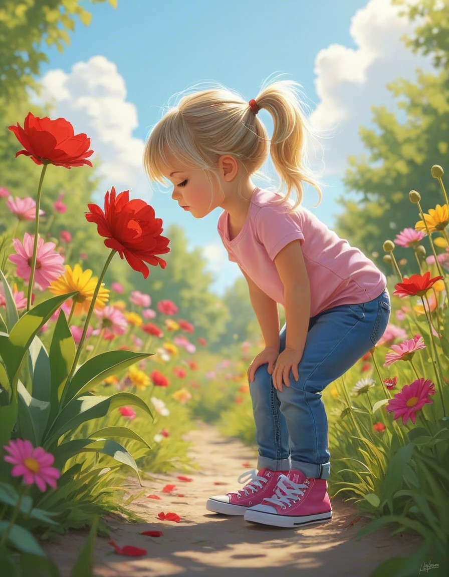 Young girl inspects red flower in vibrant garden