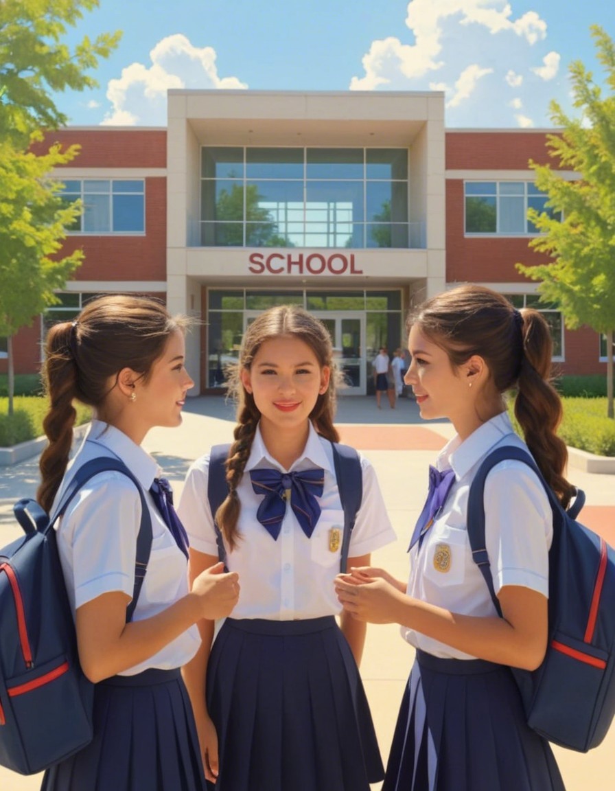Students in Matching Uniforms Chatting by School Building