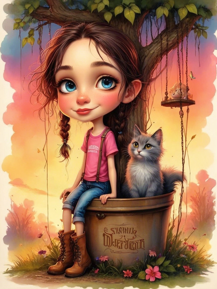 Whimsical Scene of Girl in Bucket Under a Tree