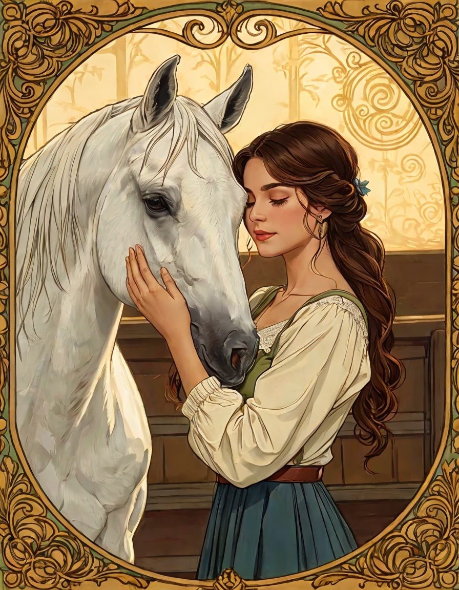 Young Woman and White Horse in Romantic Setting