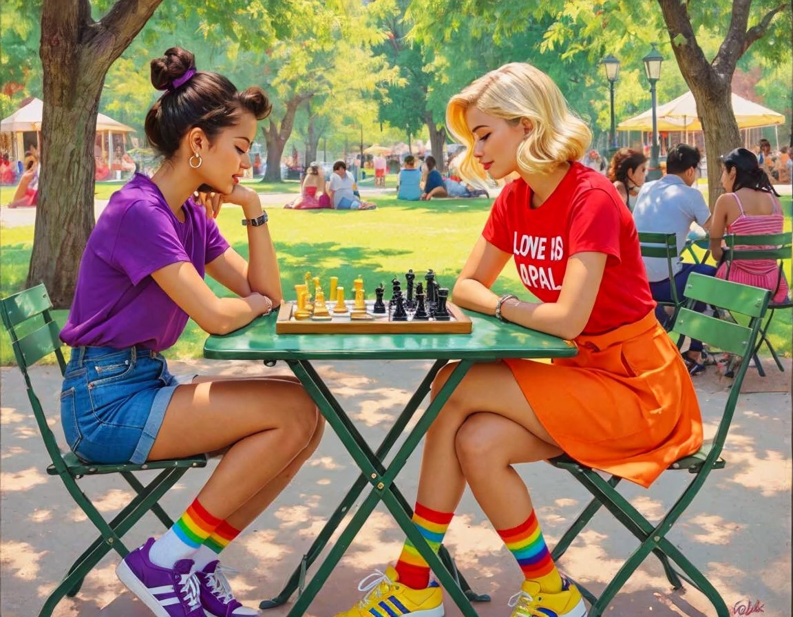 Young women playing chess in a park setting