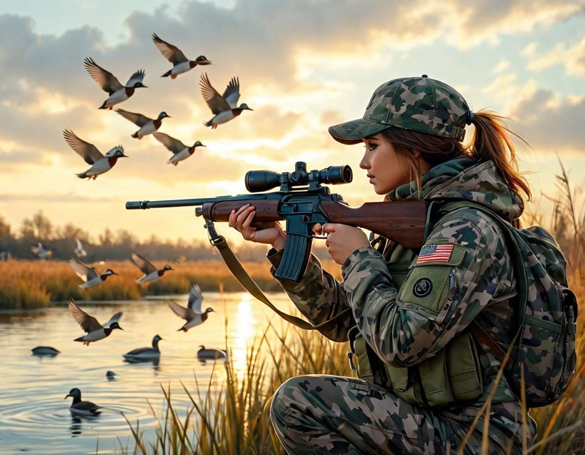 Hunter in Camouflage Aiming at Ducks at Sunset