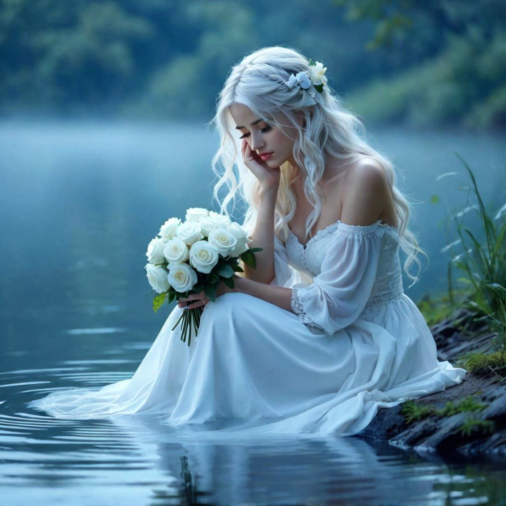 Serene Young Woman by Misty Lake with White Roses