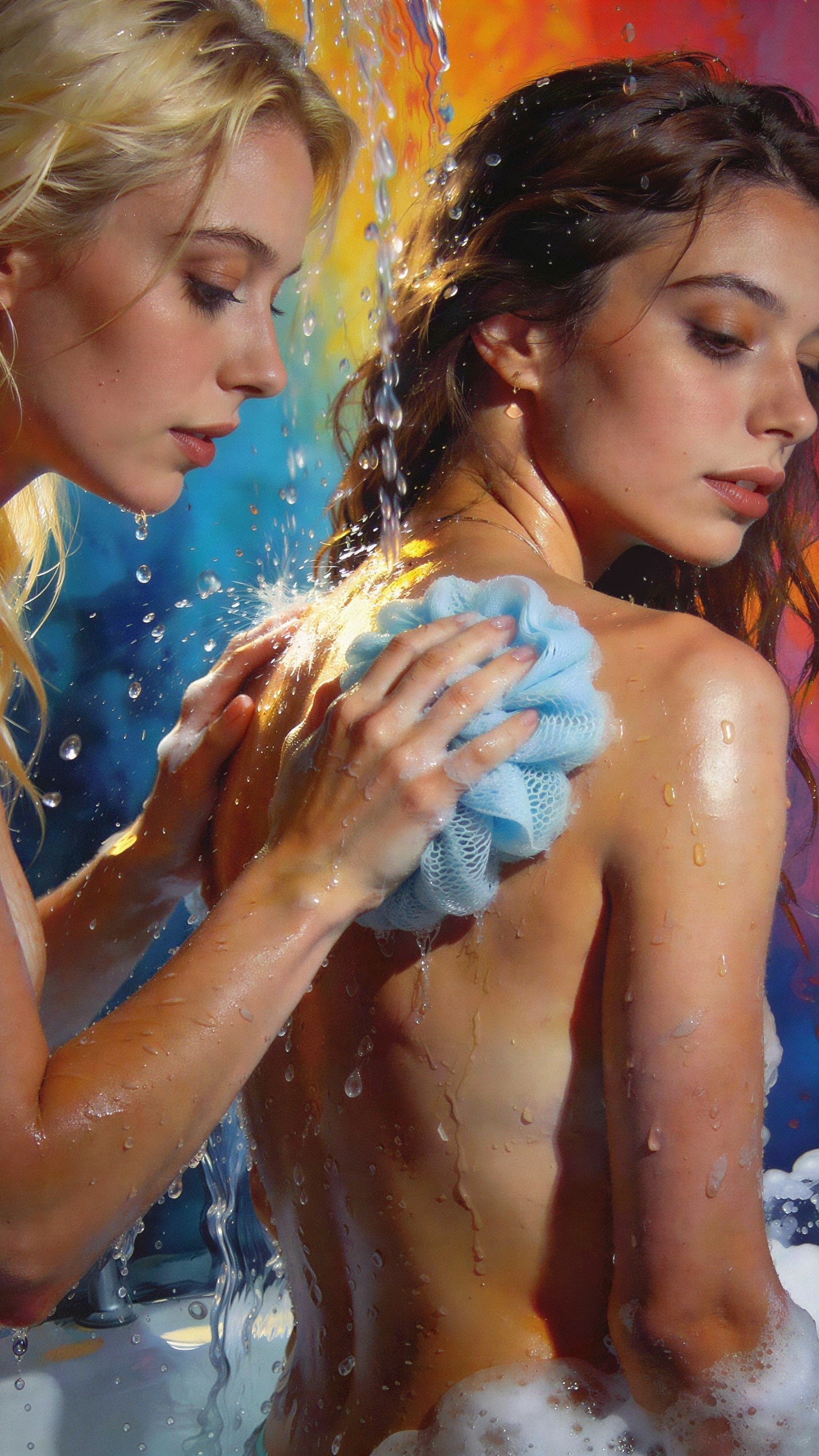 Women Showering Together with Water Running Down