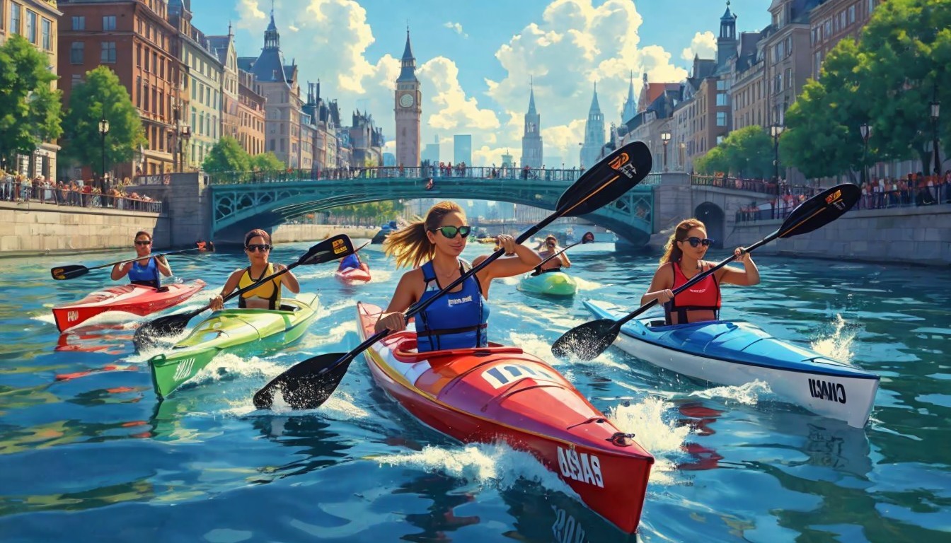 Kayakers on a sunny river near historic buildings