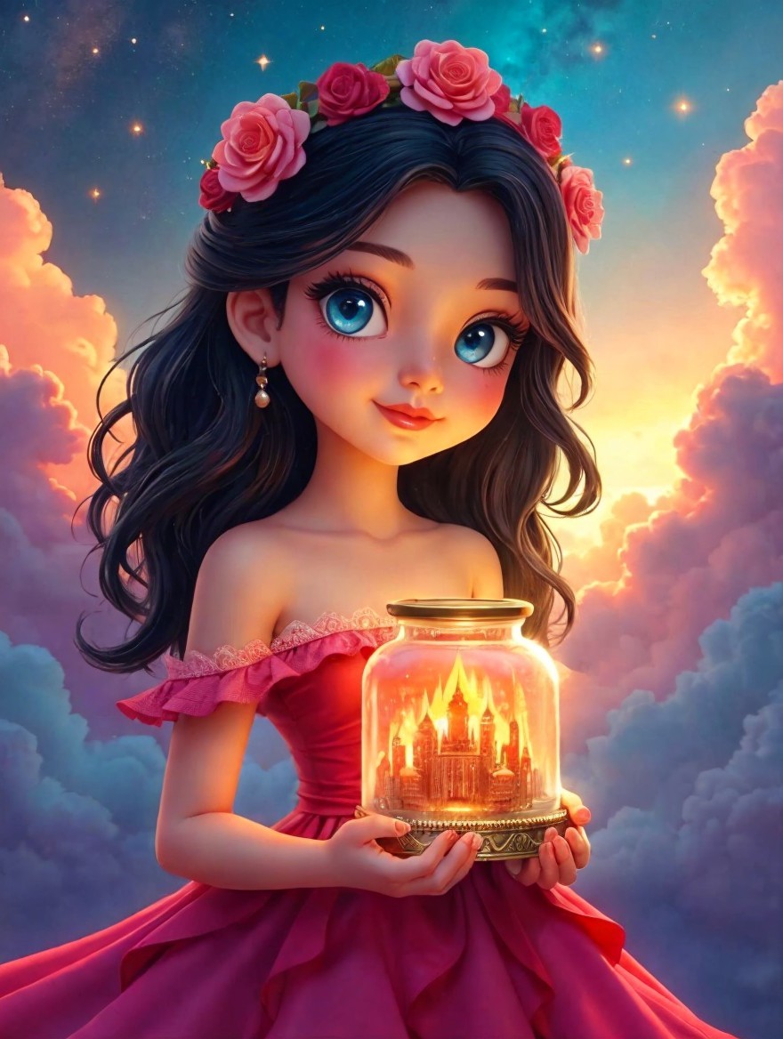 Young girl in pink dress with glowing lantern and sunset