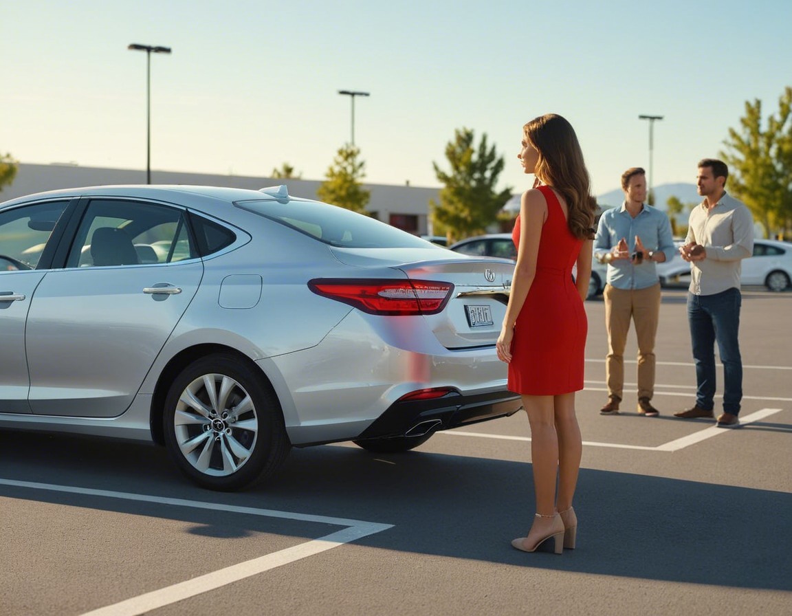 Young woman in red dress by silver car in parking lot