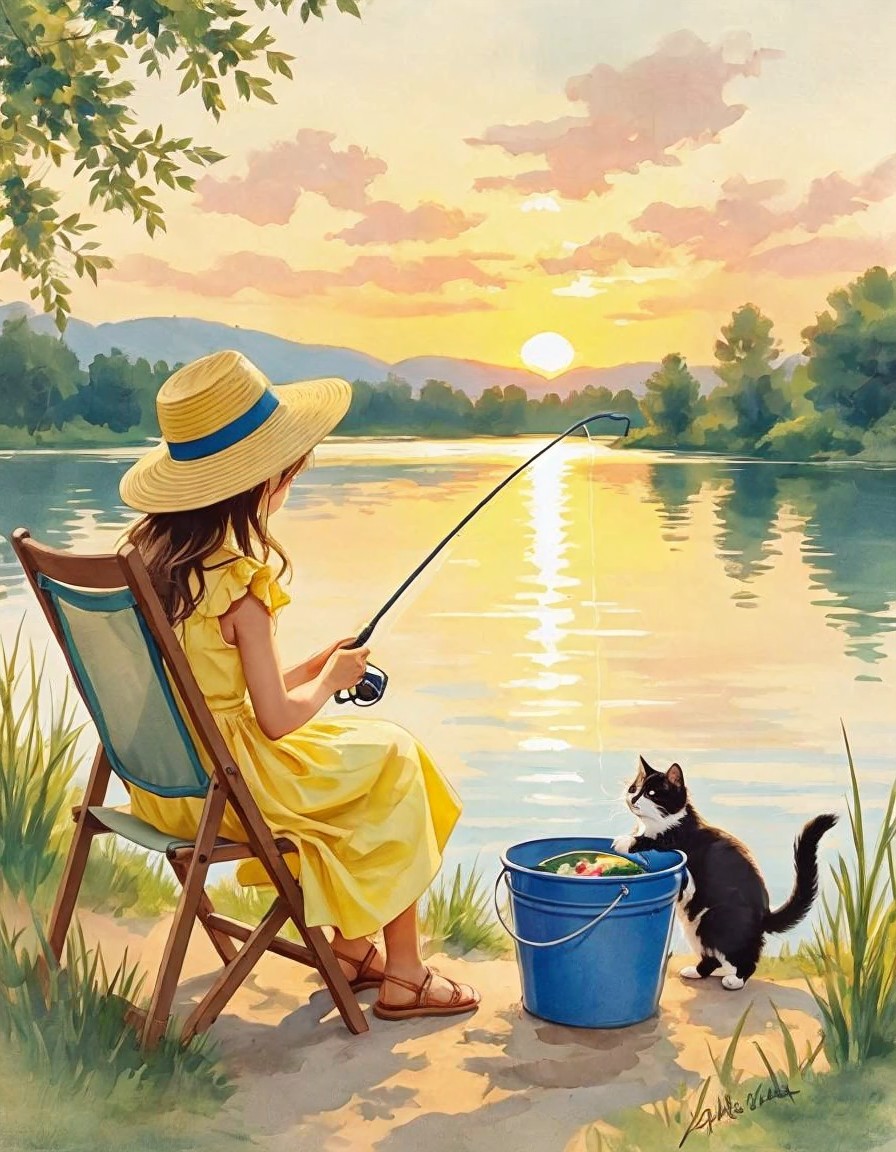 Young girl by tranquil lake at sunset with cat
