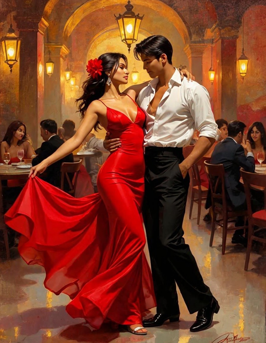 Elegant Restaurant Dance Scene with Warm Lanterns