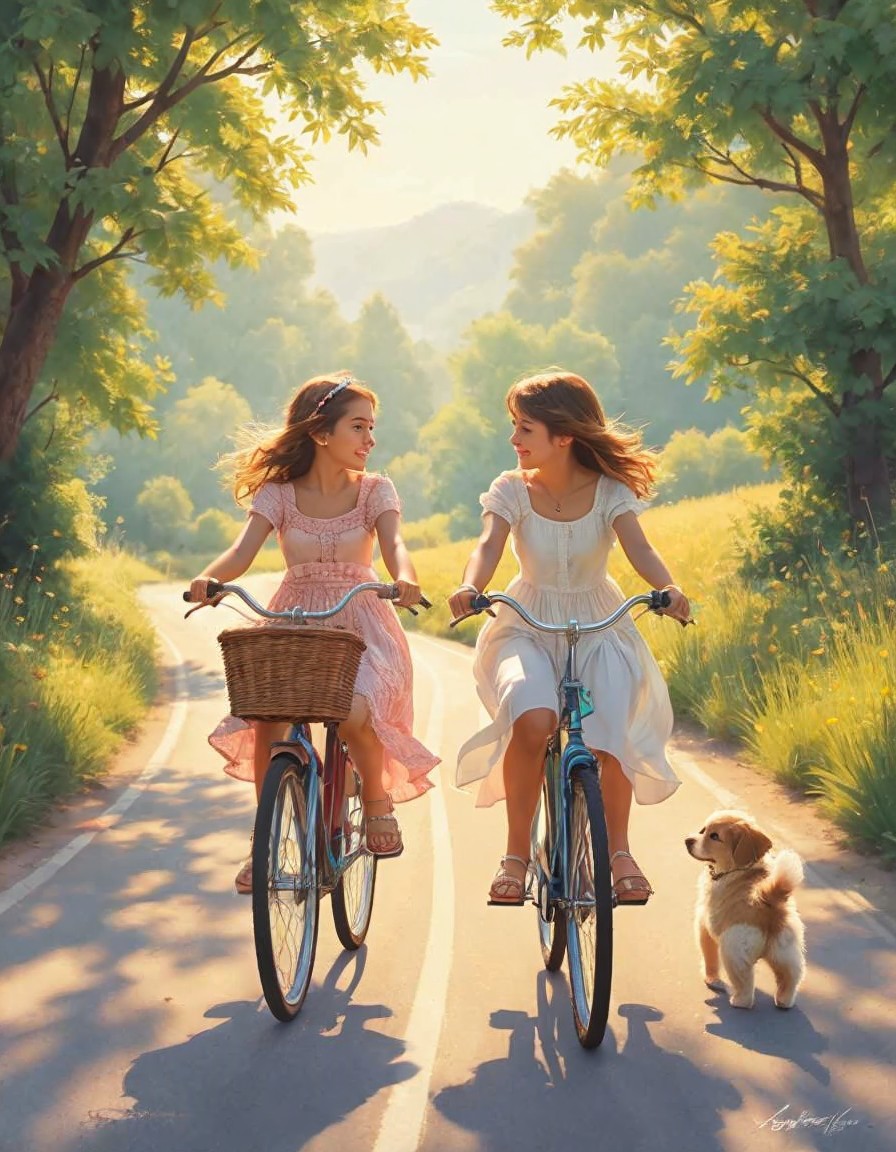 Young girls cycling on a sunlit path with greenery