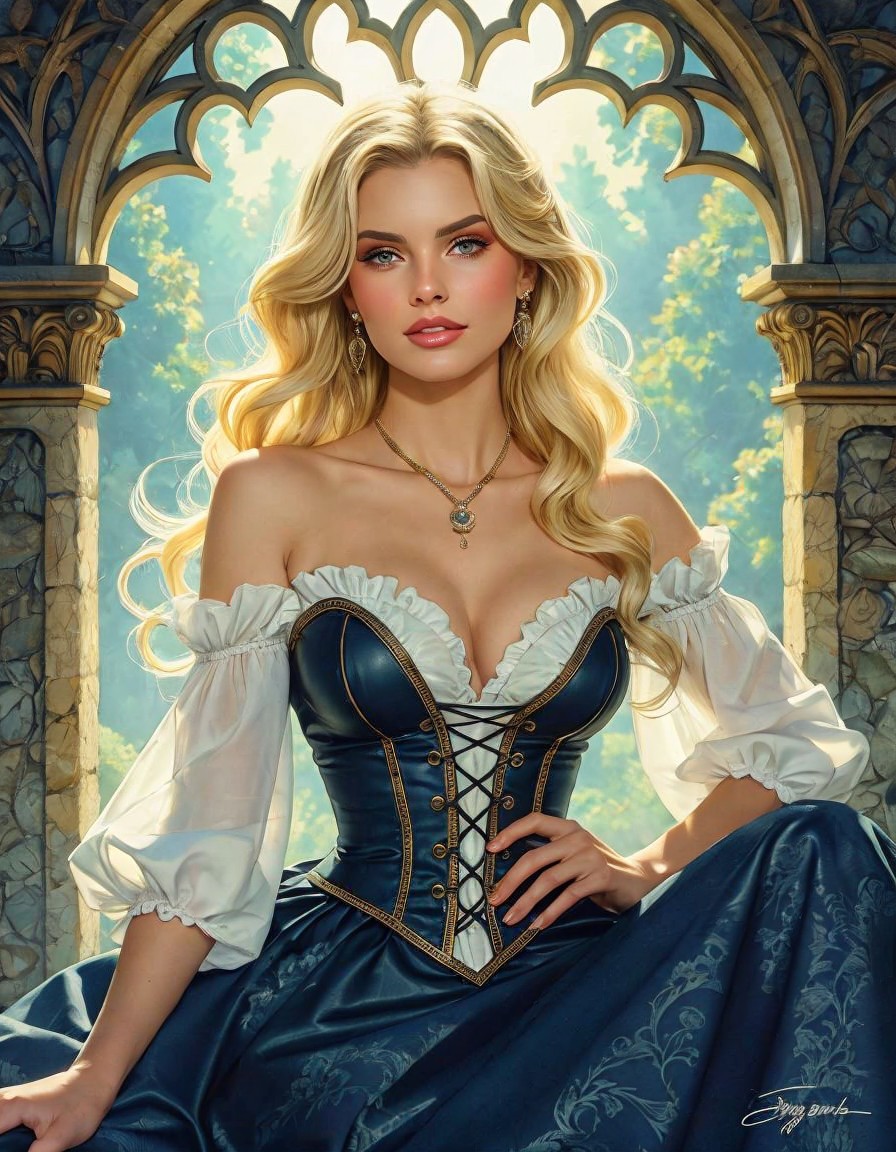 Regal Woman in Blue Gown in Ornate Setting