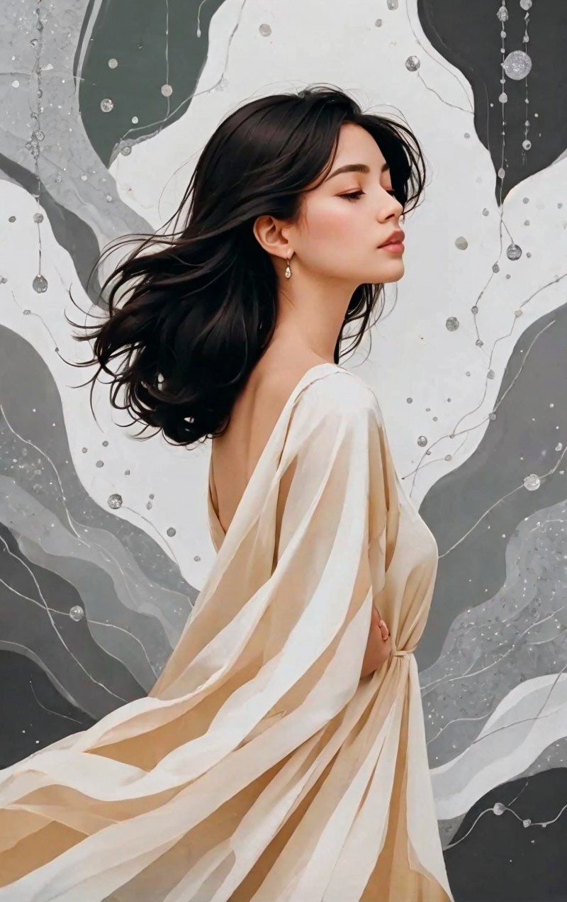 Woman in Striped Dress Against Ethereal Backdrop
