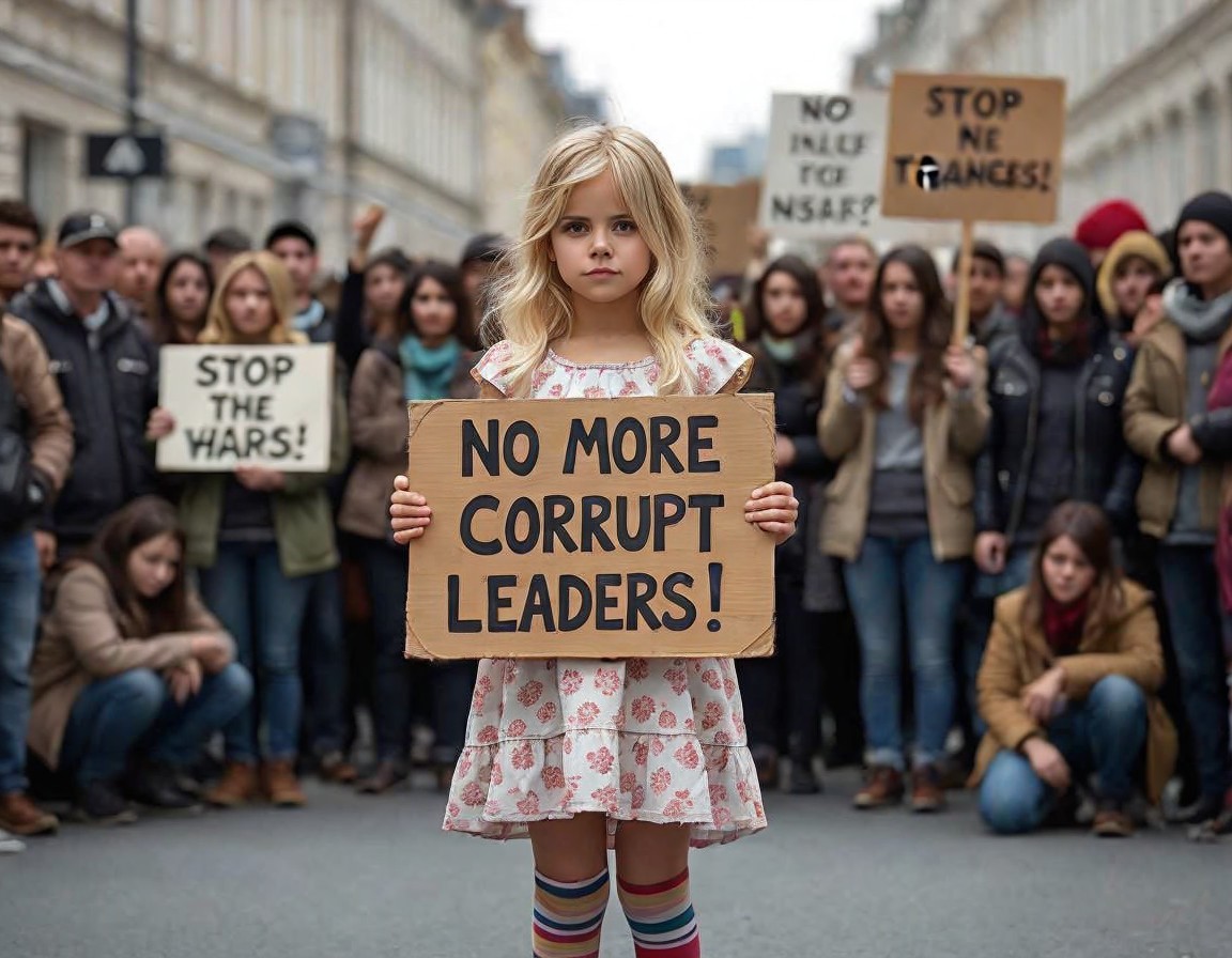 Young Girl in Protest Holding Anti-Corruption Sign