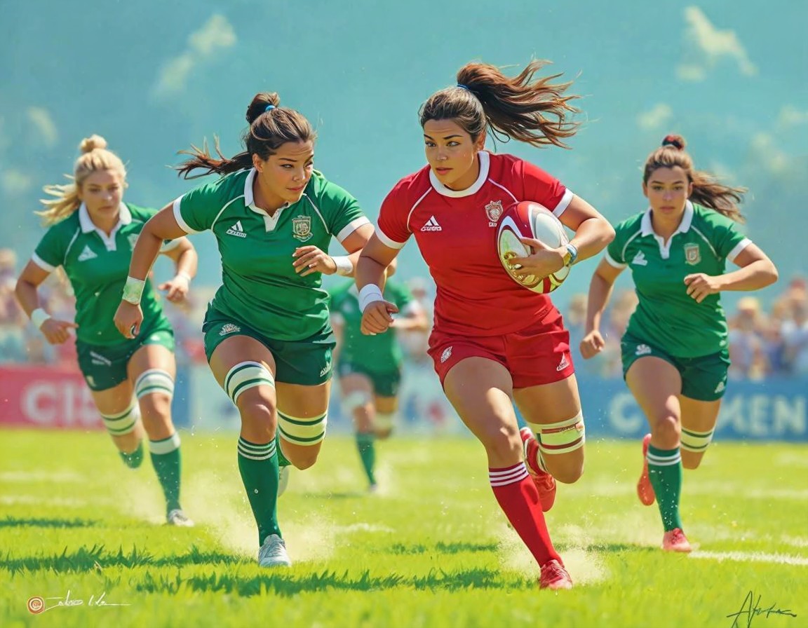 Dynamic Rugby Action with Female Players in Uniforms