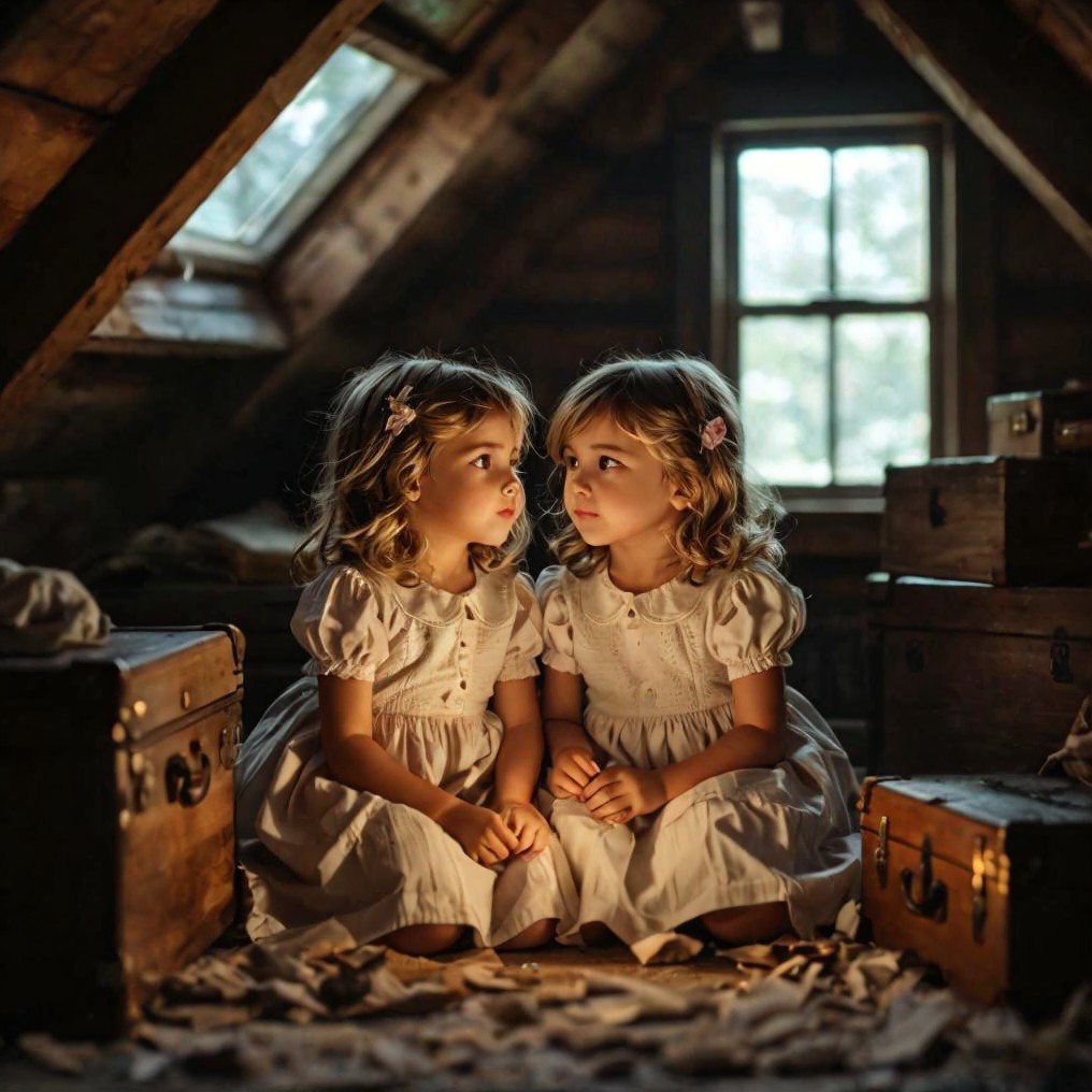 Young girls in matching dresses in a cozy attic setting