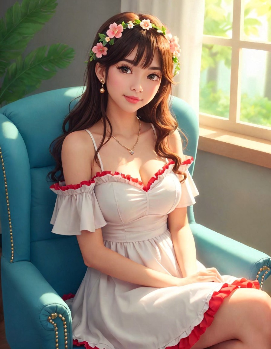 Young woman in teal armchair with floral crown