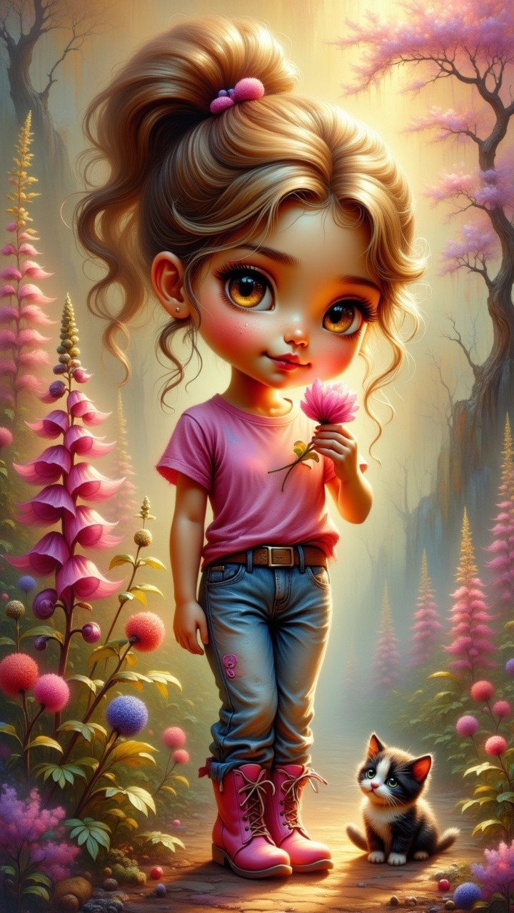 Cheerful girl with kitten in enchanted forest setting