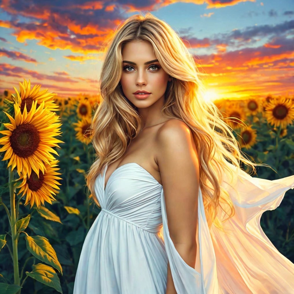 Young Woman in Sunflower Field at Sunset