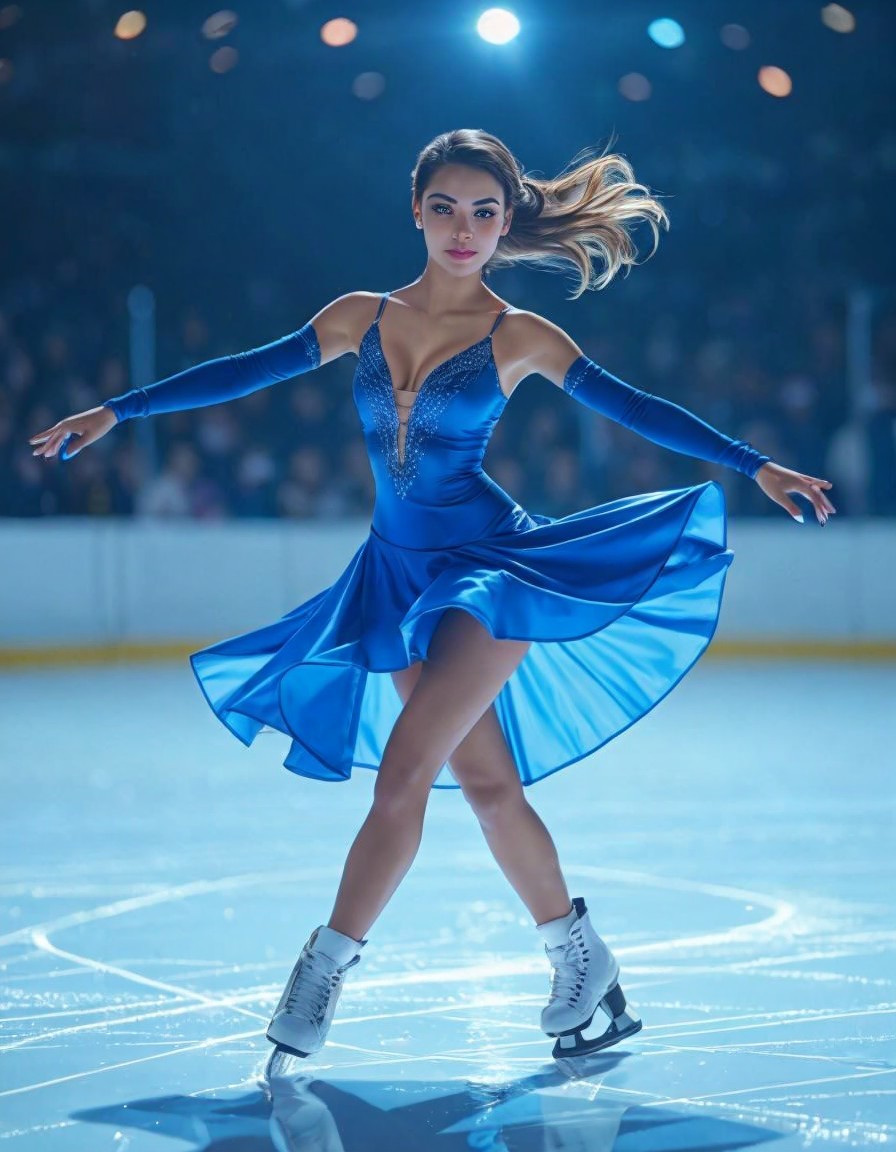 Graceful figure skater in blue dress on ice rink