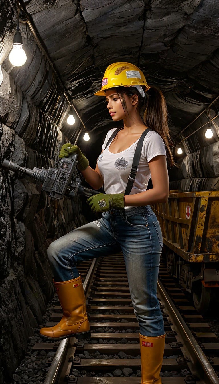 Woman Operating Drill in Dim Mining Tunnel