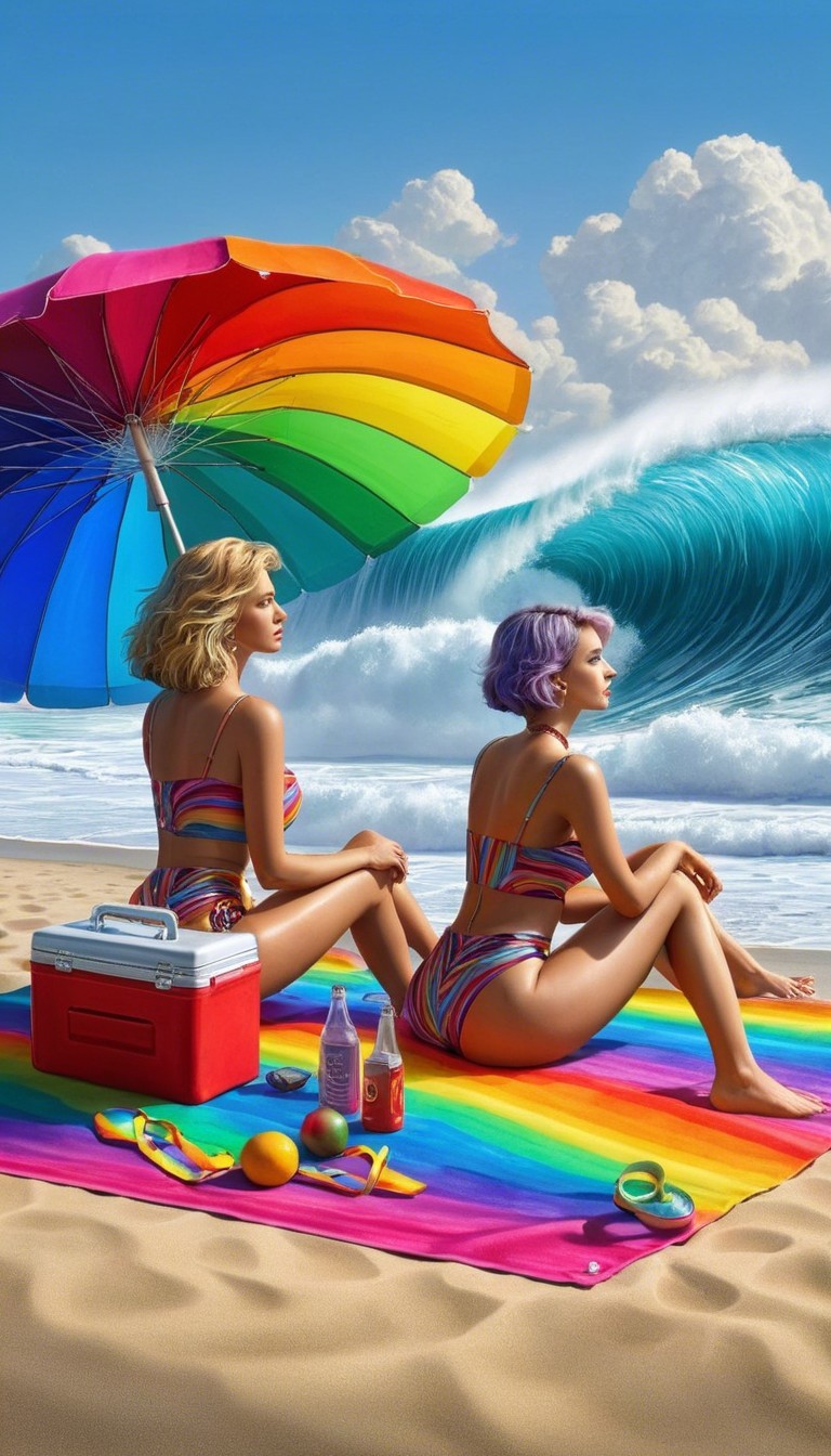 Women Relaxing on Rainbow Beach Blanket by Ocean