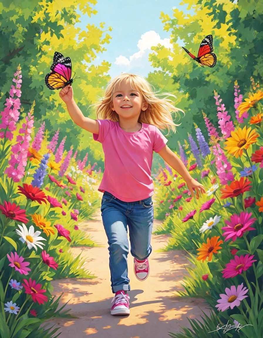 Young girl running on sunlit path with wildflowers