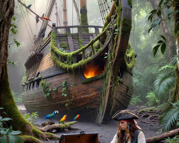 Female Pirate with Treasure Chest in Jungle Setting