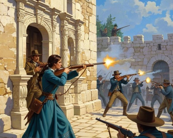Gunfight at a historic stone fort with period clothing