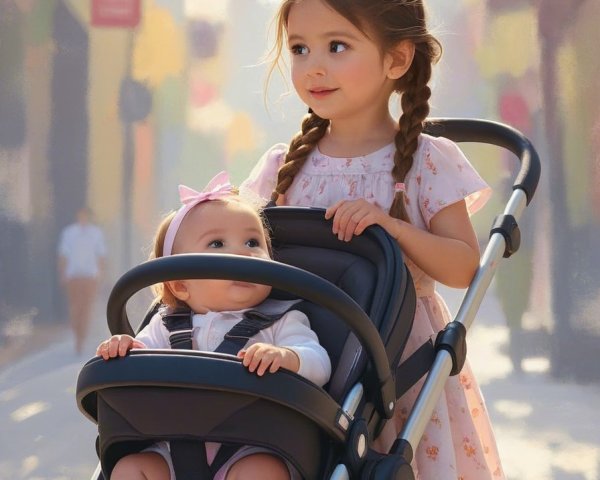 Young girl with stroller in cheerful urban setting