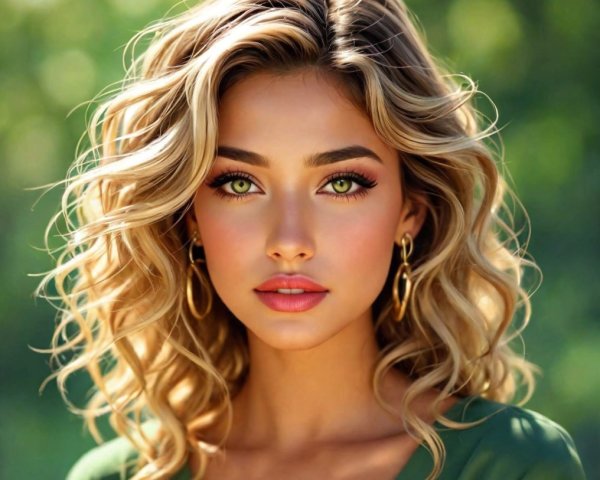Young woman with curly blonde hair and green eyes