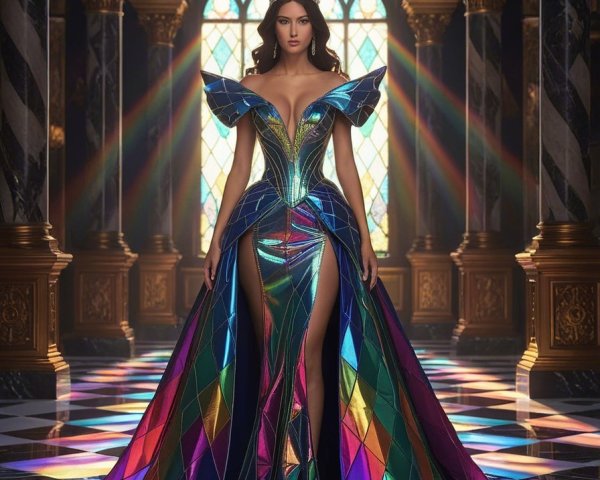 Elegant figure in multi-colored gown in grand space