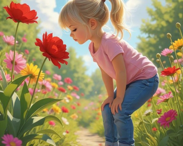 Young girl inspects red flower in vibrant garden