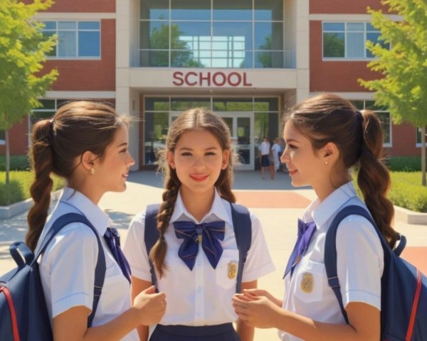 Students in Matching Uniforms Chatting by School Building