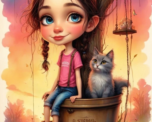 Whimsical Scene of Girl in Bucket Under a Tree