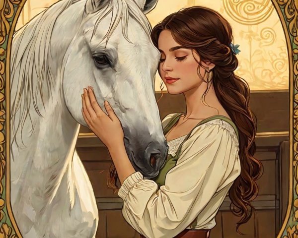 Young Woman and White Horse in Romantic Setting