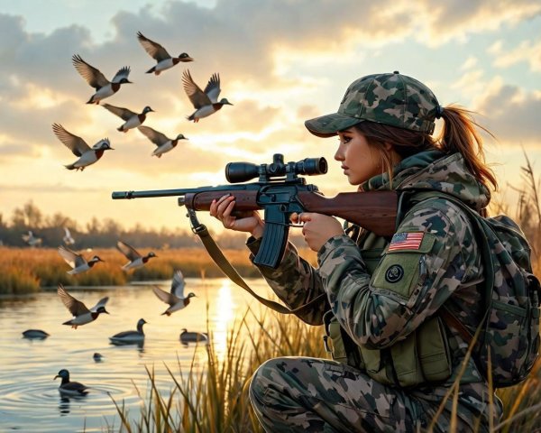 Hunter in Camouflage Aiming at Ducks at Sunset