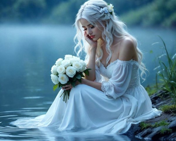 Serene Young Woman by Misty Lake with White Roses