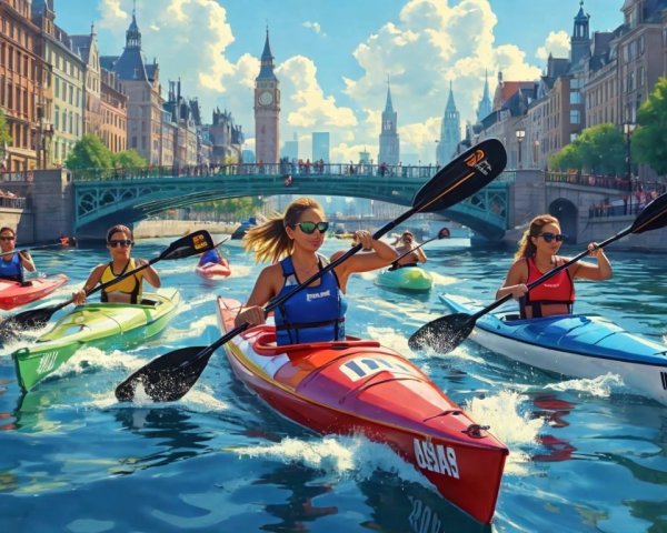 Kayakers on a sunny river near historic buildings