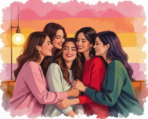 Vibrant Illustration of Five Women Embracing Joyfully