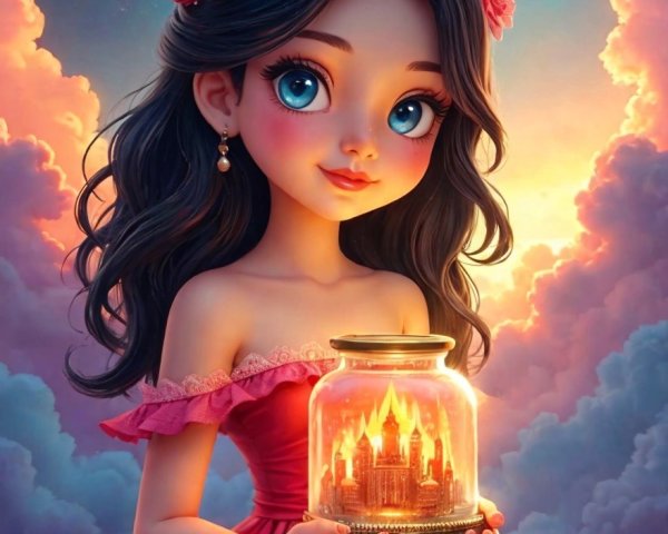 Young girl in pink dress with glowing lantern and sunset