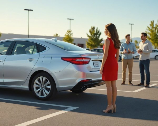 Young woman in red dress by silver car in parking lot