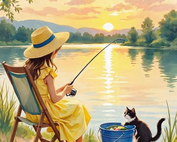 Young girl by tranquil lake at sunset with cat