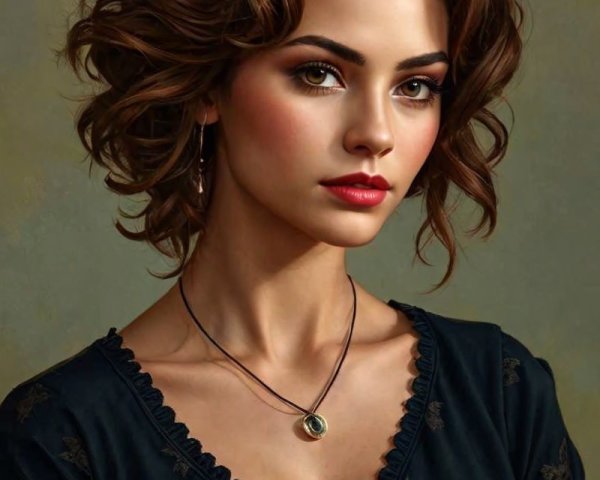 Young woman in blue dress with curly hair and jewelry