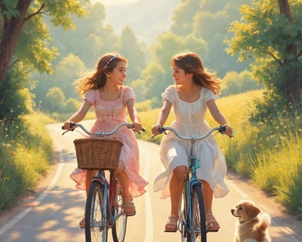 Young girls cycling on a sunlit path with greenery