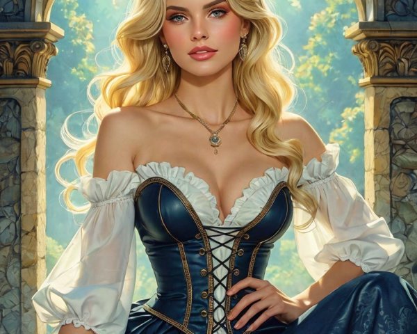 Regal Woman in Blue Gown in Ornate Setting